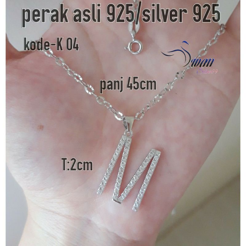 Kalung Liontin M besar perak asli 925 lapis mas putih ANTI KARAT K'04