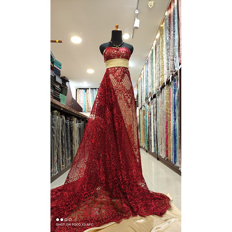 Kain Tile Lace Brokat Dress KEBAYA Bridal Bridesmaid Payet Merah