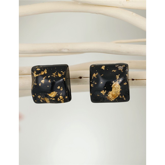 LRC Anting Tusuk Fashion Black Square Gold Leaf Acrylic Irregular Geometric P49720