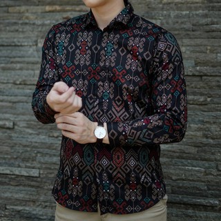 Credomenstore Kemeja Batik Pria Lengan Panjang Songket Hitam / Baju Batik Cowok