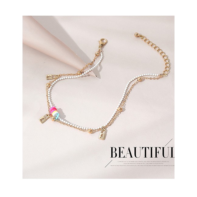 LRC Gelang Kaki Fashion Gold Color Rice Beads Beaded Lock-shaped Alloy Double Layer Anklet Y64797