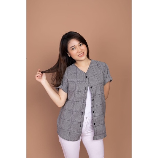 CUTIES TOP - ATASAN KEMEJA CASUAL WANITA KOTAK BUTTON LENGAN PENDEK (KML1)