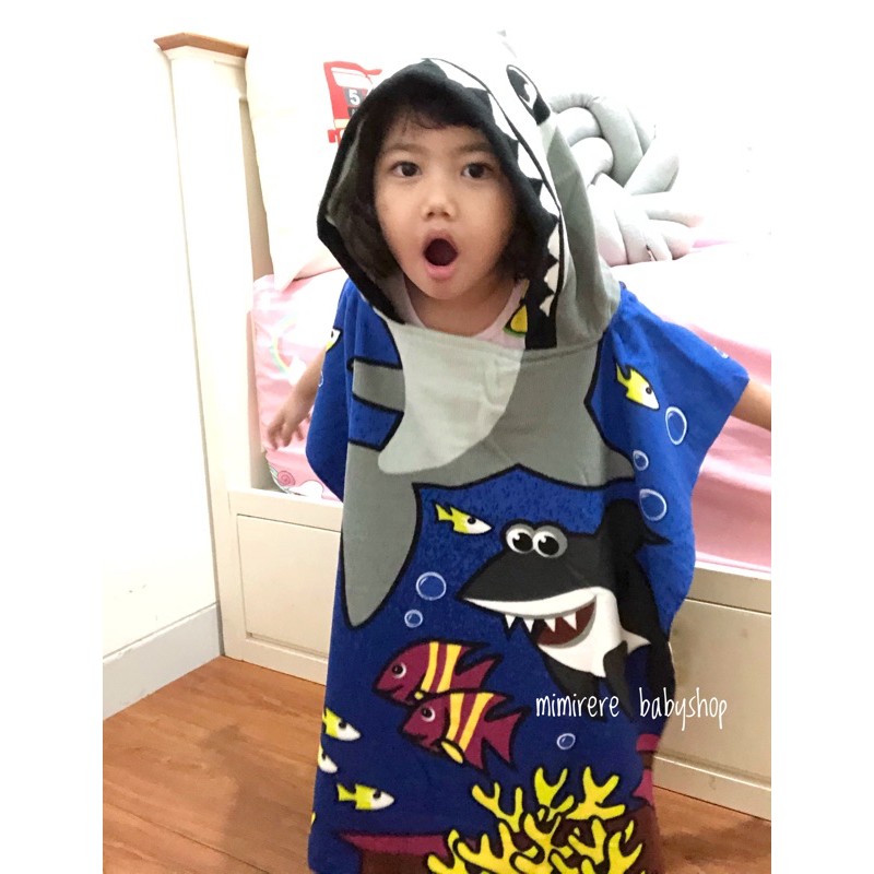 Handuk Ponco Anak Motif Karakter Microfiber-Shark DarkBlue