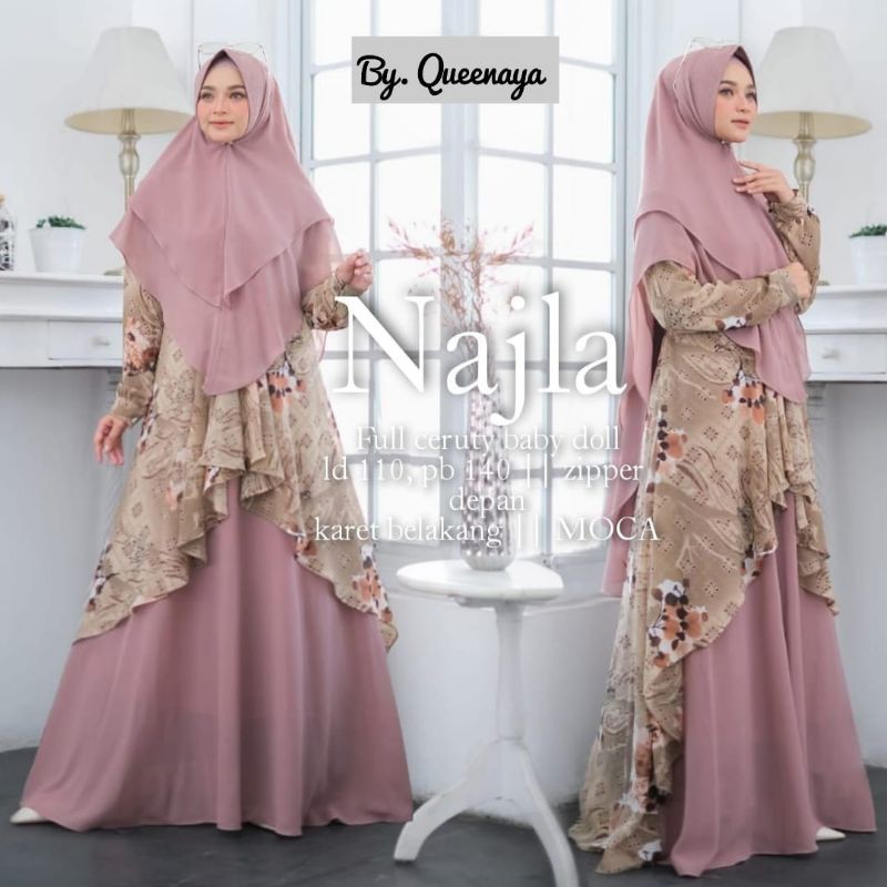 Gamis syari motif najla matt full ceruty babydoll /ziper depan /karet belakang