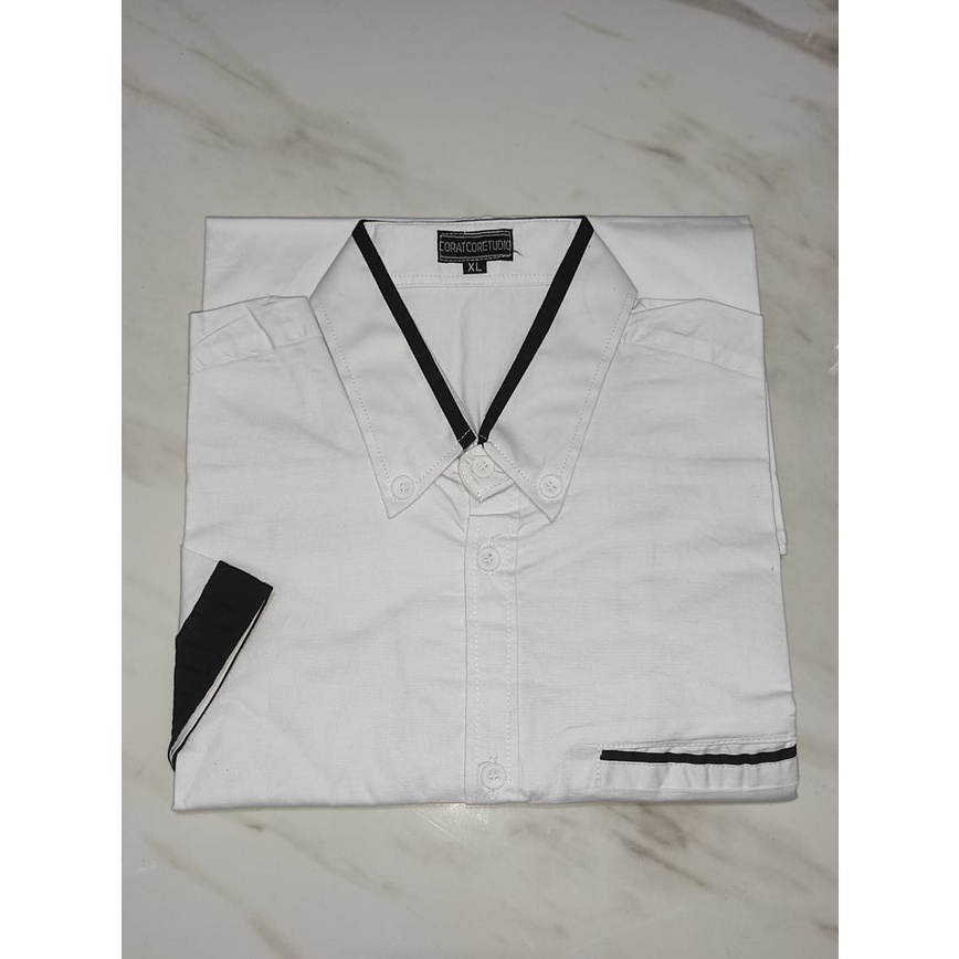REAL PIC 0093 Kemeja Pria Hem Cowok Jumbo Big Size Lengan Pendek Polos Kantong Saku PUTIH LIS HITAM