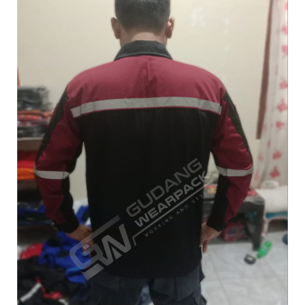 Star Wearpack - Baju Seragam Proyek Lengan Panjang Warna  Hitam Kombinasi Maroon Lengan Panjang Include K3 &amp; Bendera