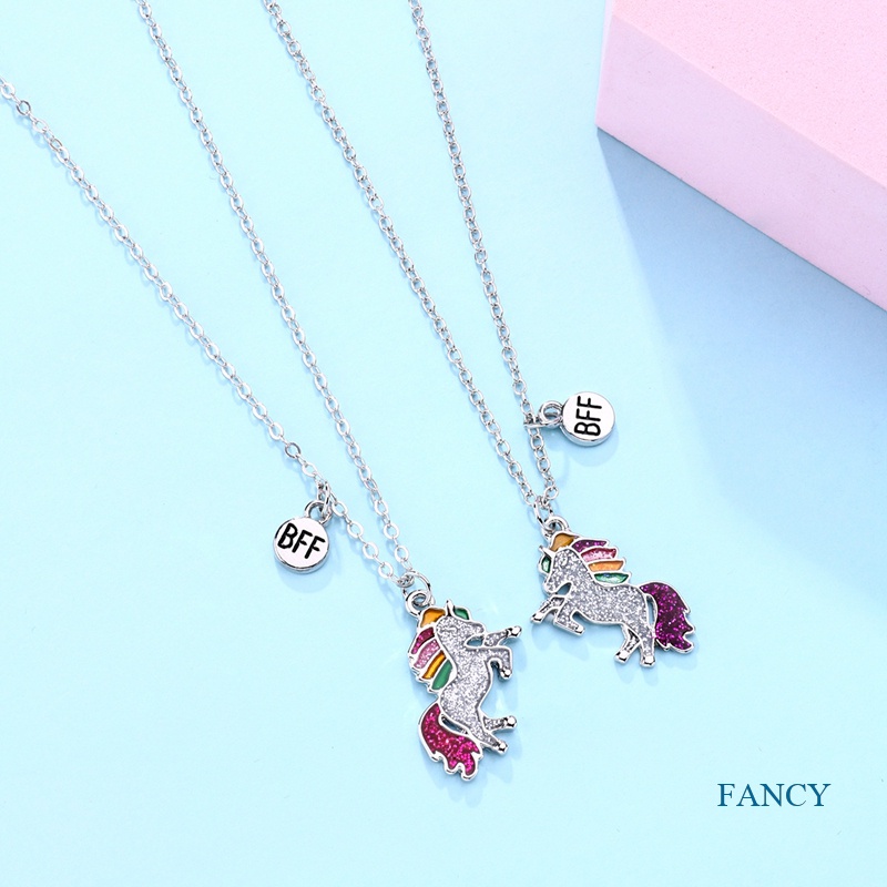 2pcs / Set Kalung Rantai Dengan Liontin Kartun Unicorn Untuk Anak Perempuan