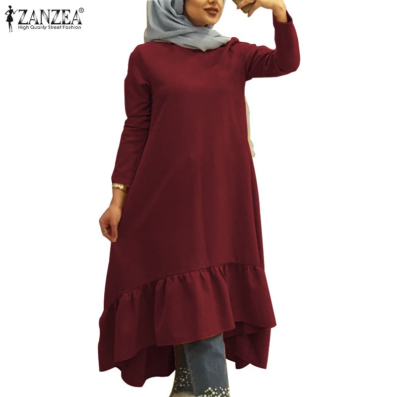 ZANZEA Women O-neck Long Sleeve Frilled Plain High Low Muslim Midi Dress