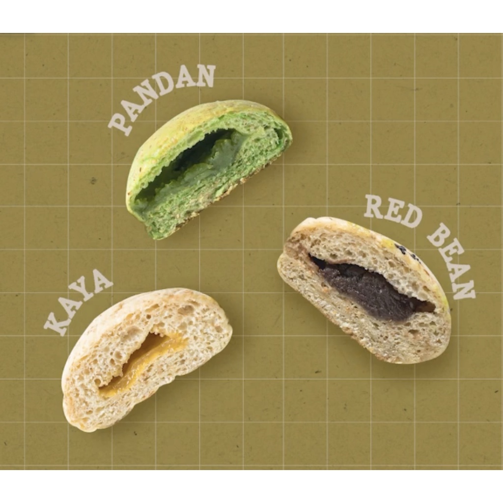 

Bundle 3 pcs Vegan Bun Pandan, Red Bean, Kaya NUDE BAKE Healthy Bread Roti Sehat Egg Free, Dairy Free