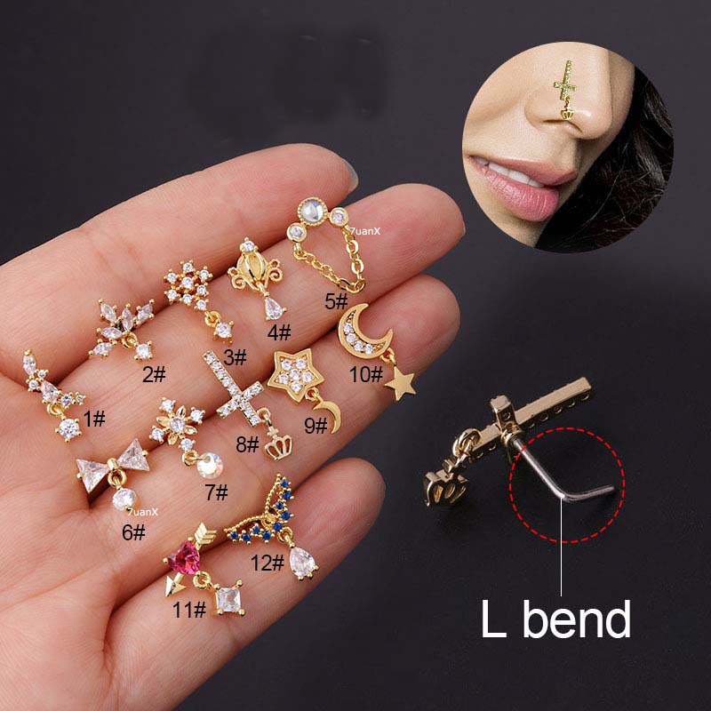 1pc Anting Tusuk Hidung Bentuk L Bengkok Bahan Stainless Steel Dengan Zircon