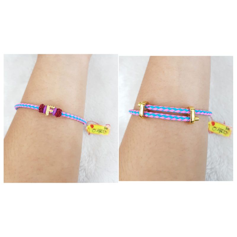 GL1353DLM gelang tali ongsrot blue pink variasi liontin emas huruf F inisal nama berat 0.450 sama ta