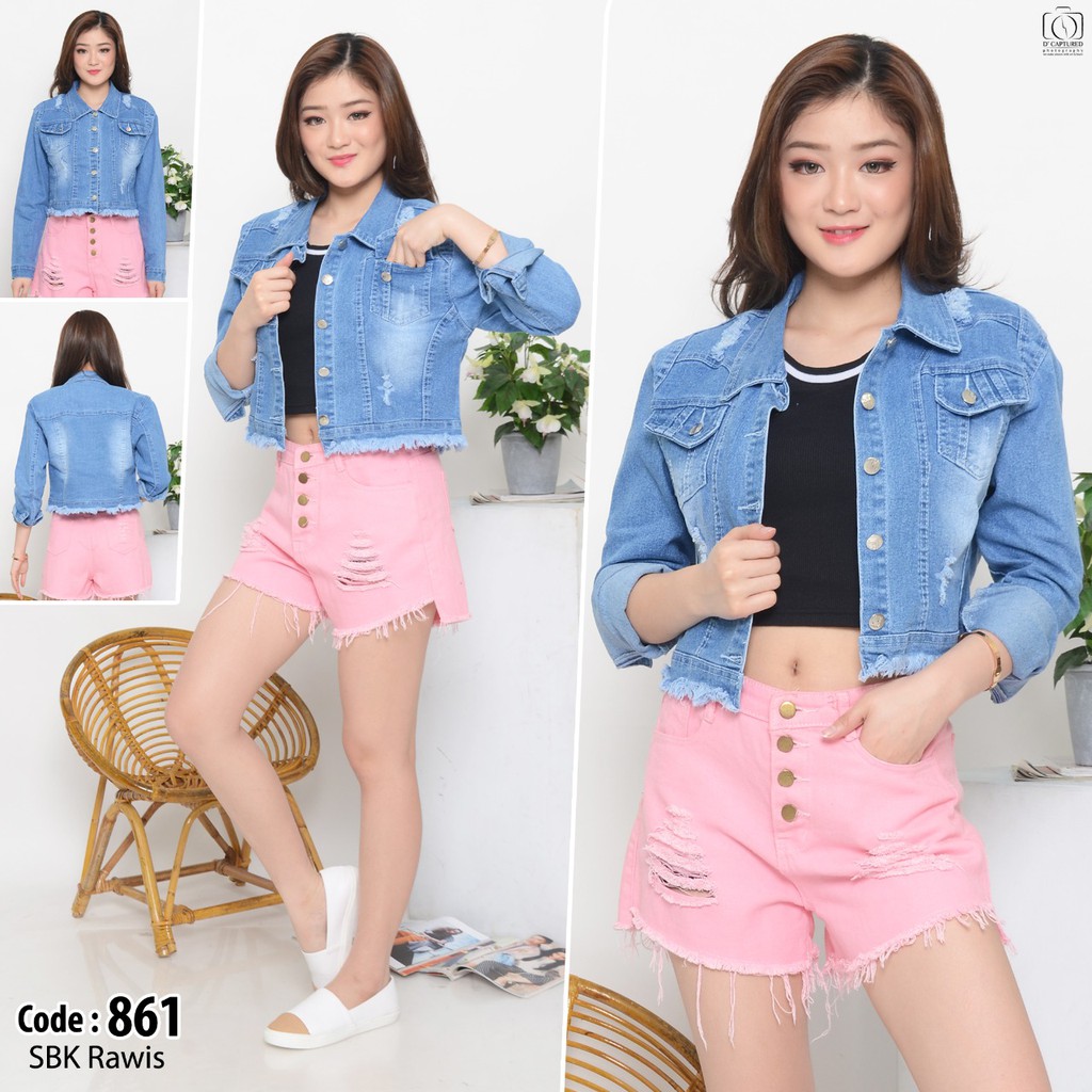 MC girl Jaket Crop Jeans Sobek Rawis