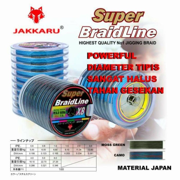 Senar Pancing PE. JAKKARU SUPER BRAIDLINE X8 (Color MULTICOLOR) - PE.6 / 60lbs