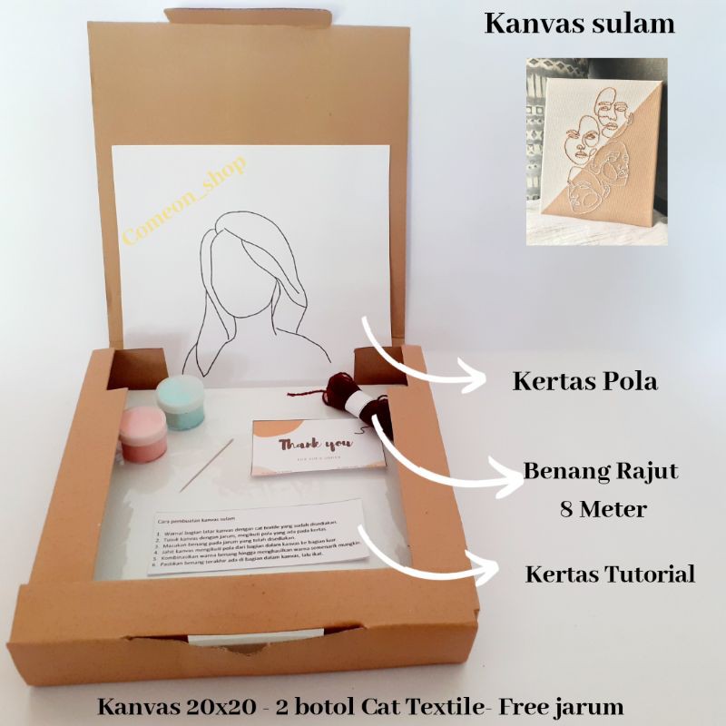 Paket kanvas sulam - Kanvas lukis + Benang sulam + cat textile + Pola + panduan free jarum