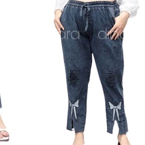 Celana Jumbo Wanita Big Size XXL Bahan Jeans Bordir Pita / Celana Baggy Jeans Jumbo Muat BB 80 kg