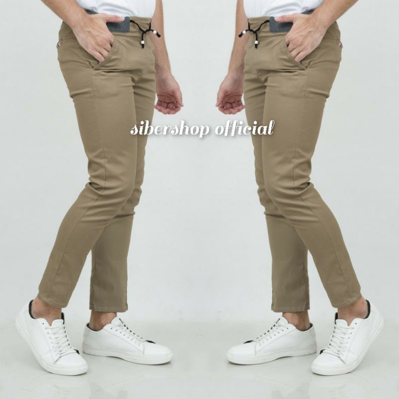 Celana Chino Cowok Panjang Pinggang Karet Rip Bahan Premium Quality Size 27-38