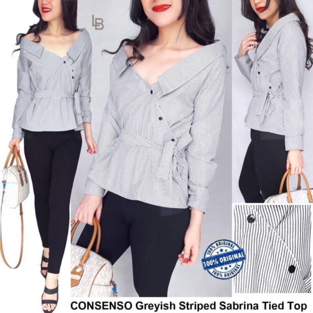 B740 Consenso Grey Striped Sabrina Tie Blouse