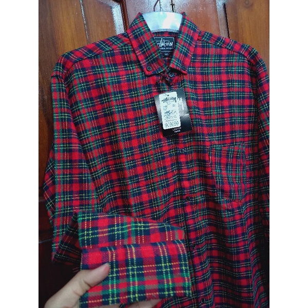 kemeja kotak kotak flannel merah pria wanita unisex