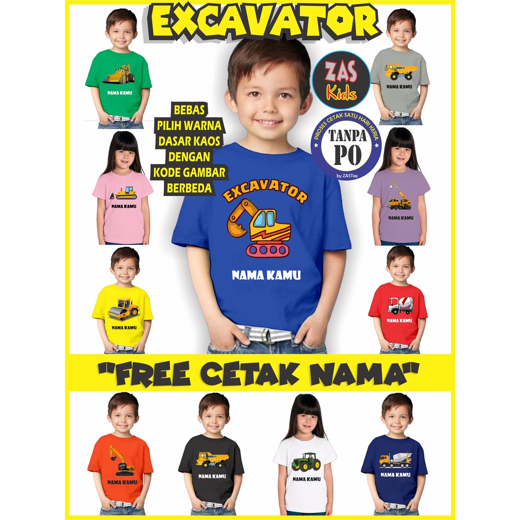 Kaos Anak EKSKAVATOR / BULLDOZER / TRAKTOR / TRUK MOLEN Banyak Motif Free Cetak Nama