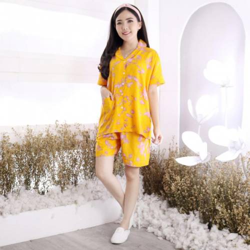 Setelan Piyama Wanita Pendek Motif Tie Dye One Set Rayon Baju Tidur Cewe DARTI HP Jumbo XXL-ARIA MUSTARD