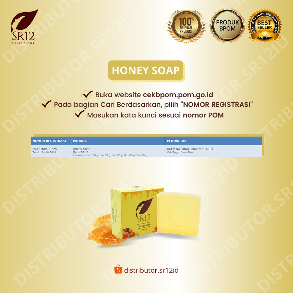 Honey Soap SR12 60 gr Sabun Madu Sabun Herbal Pembersih Wajah Kulit Kering Kusam Sensitif