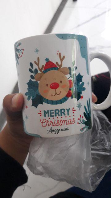 Mug Cangkir Gelas Merry Christmas Floral Daun Hijau Kado Natal Custom Nama