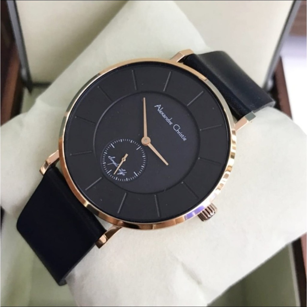 Alexandre Christie 100% Original ac8484 Jam Tangan Pria kulit (Hitam rosegold) chrono detik