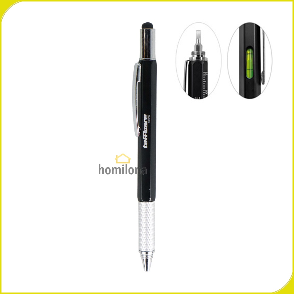 Pena Multifungsi Plastik Stylus + Penggaris + Level + Obeng - Taffware 9625 Black Silver