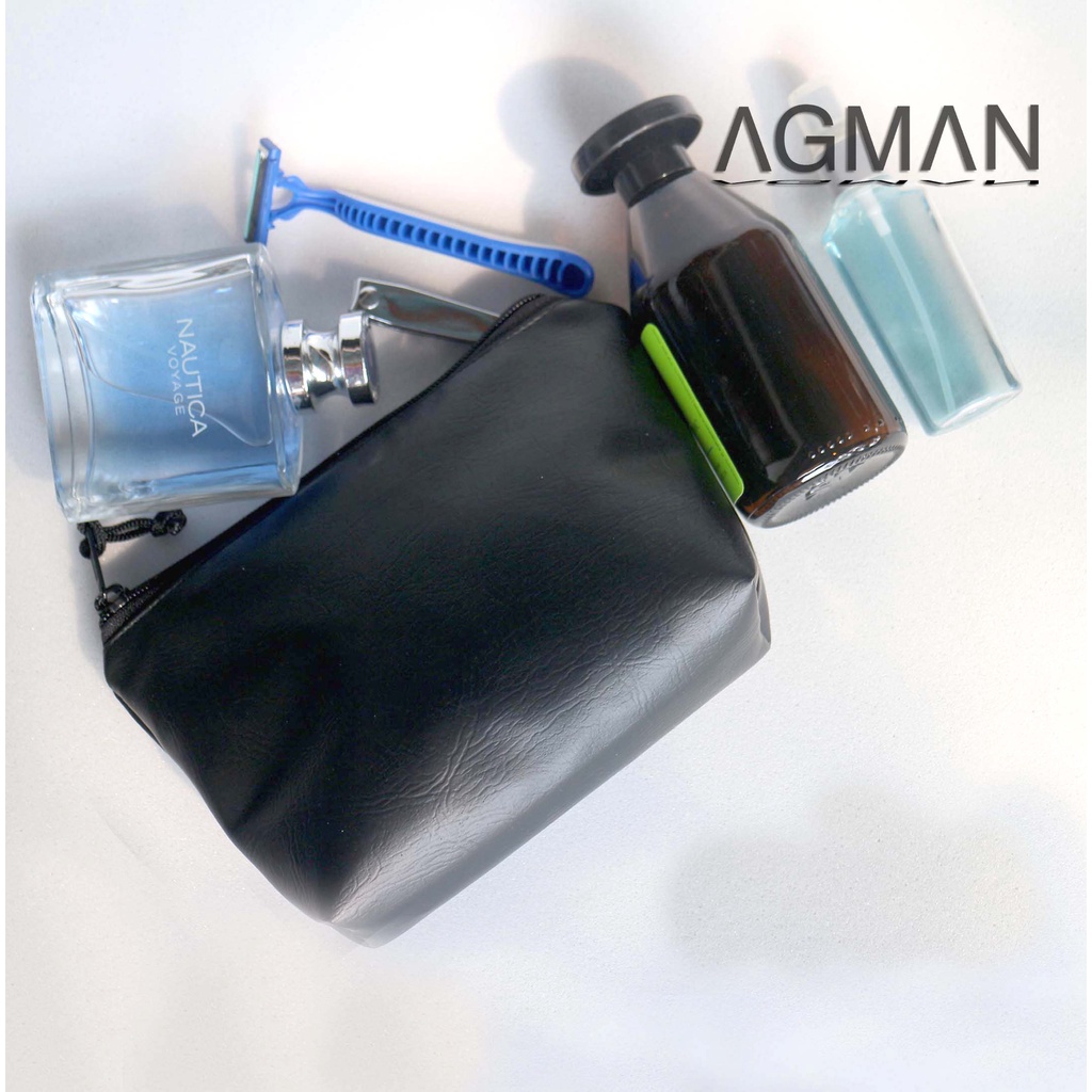 AGMAN Pouch Travel Organizer Alat Mandi Waterproof Pria Kulit Sintetis Warna Hitam Polos