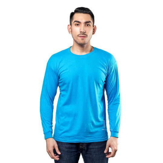 KAOS LENGAN PANJANG BIRU TURKIS PRIA 100% SOFT COTTON COMBED M - XXL