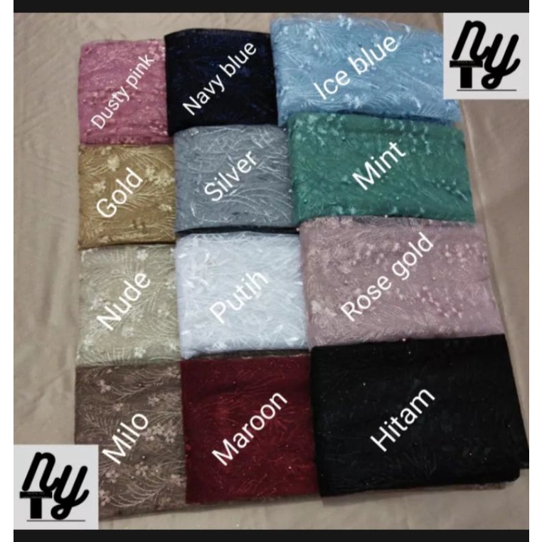 NEW.. PER SETENGAH METER !! KAIN TULLE BORDIR FULL BORDIR MUTIARA GLITER / KAIN BRUKAT