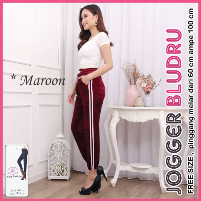 Jogger velvet bludru wanita / Jogger lis putih / jogger stripe putih / Jogger Wanita