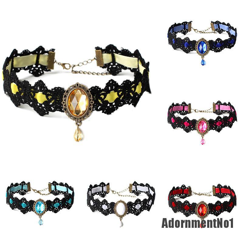 (Adornmentno1) Kalung Choker Lace Hitam Hias Kristal + Rantai Gaya Vintage / Gothic Untuk Wanita