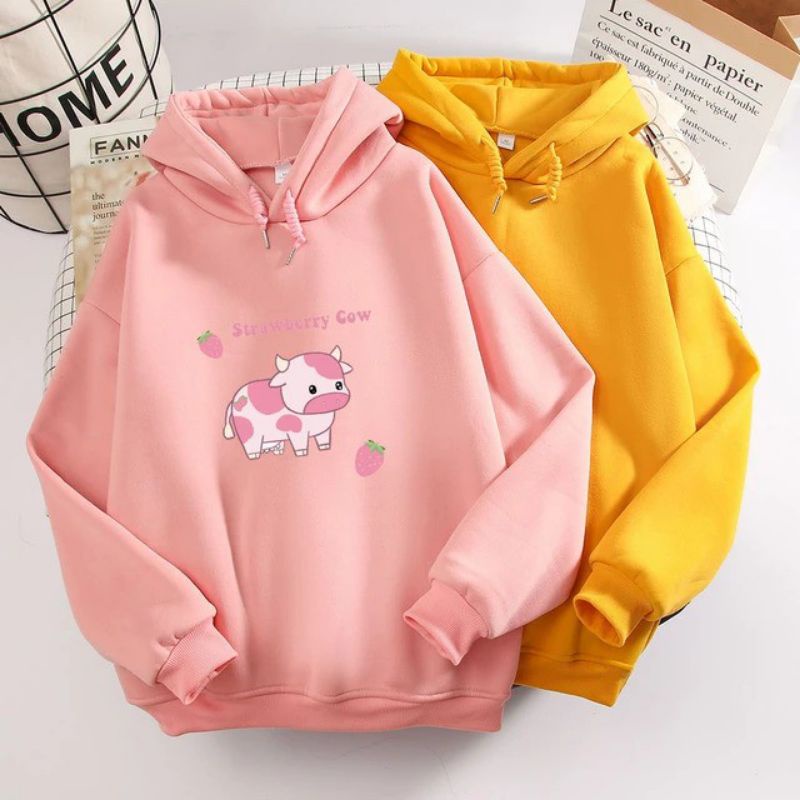 SWEATER SWITER WANITA CEWEK MOTIF TERBARU HOODIE SAPI PINK LILAC COKSU BLACK YELLOW