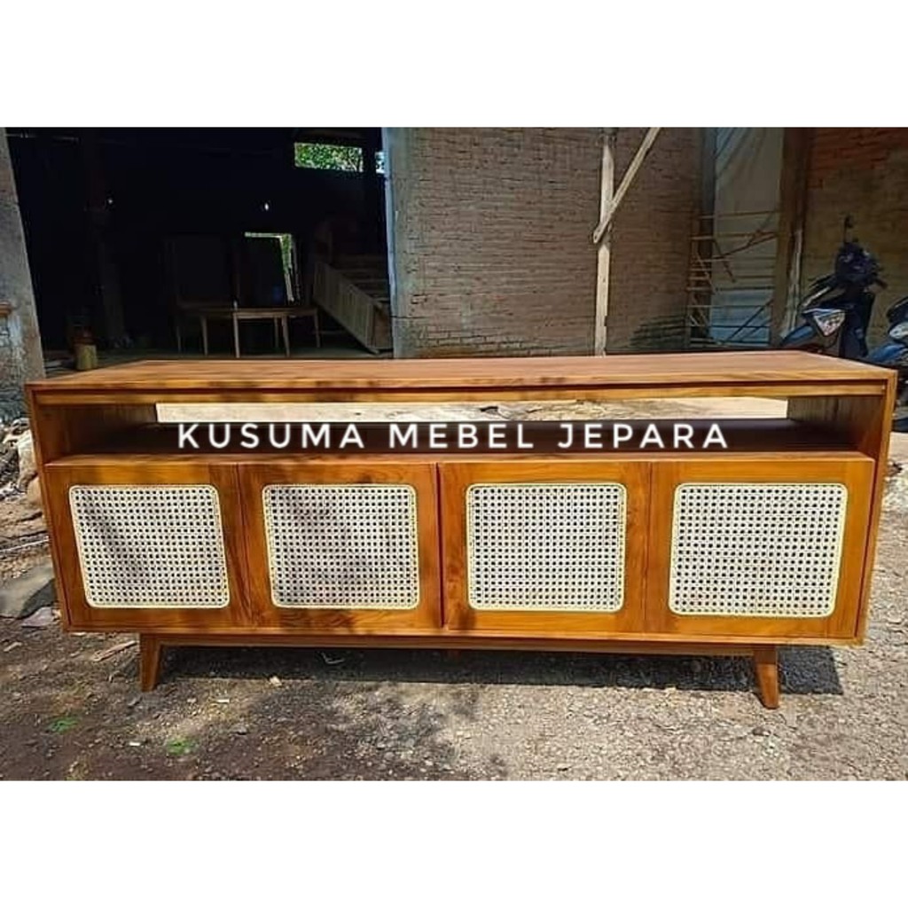 Meja Nakas Rak Laci Konsul Kayu Jati Kombinasi Rotan (Panjang 160cm)