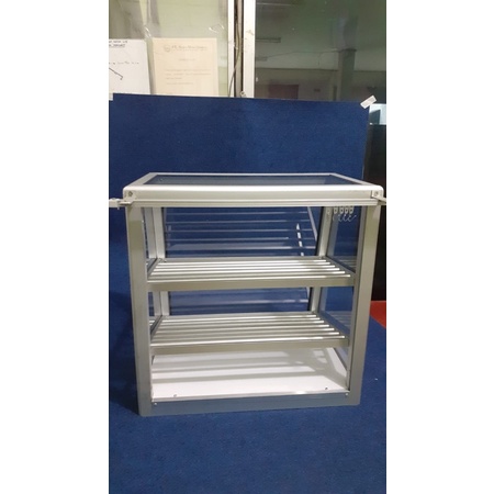 Etalase Gorengan 2 rak sesuai gambar Uk. P.50 L atas.35 L bawah.40 T.50 Bawah melamin dengan pintu r