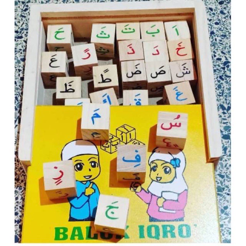 Mainan Kayu edukasi anak (APE) - wooden block Balok Iqro hijaiyah LENGKAP TANDA BACANYA APE PAUD TK 