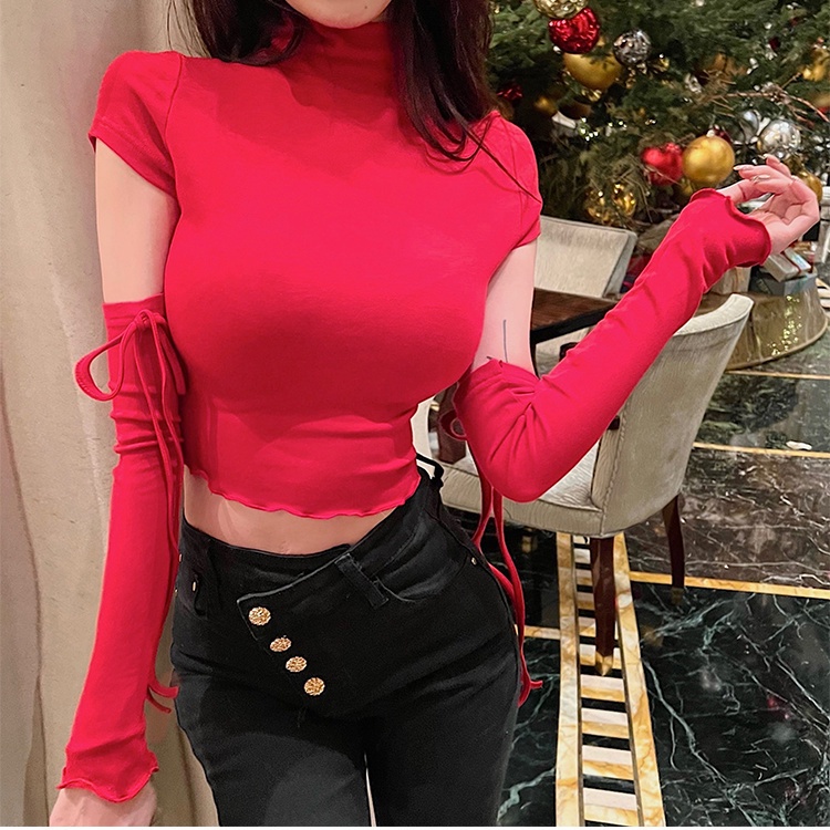 Suhao Red Short Tight T-Shirt Pakaian Dalam Wanita Musim Gugur/Musim Dingin Lengan Baru Lace Dalam Turtleneck Saus Bahasa Top