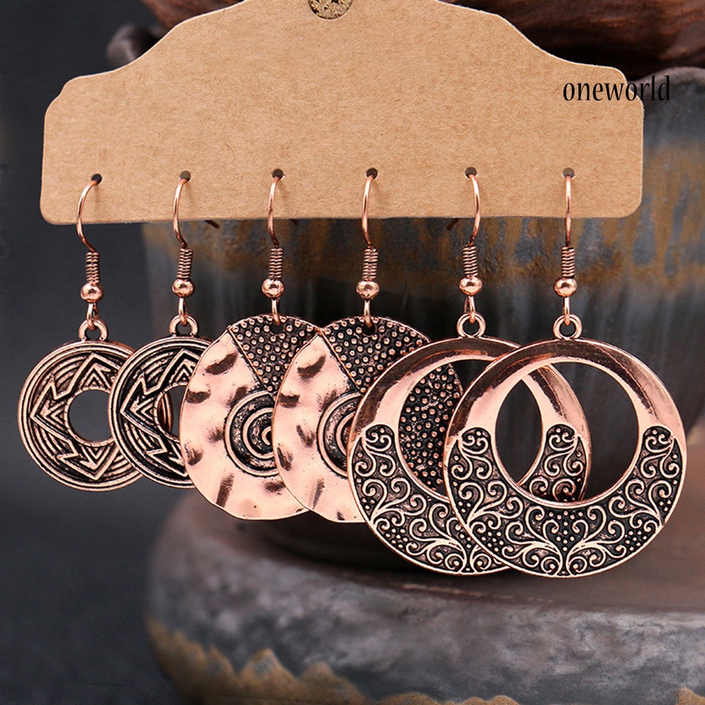 OW# 3Pairs Boho Gypsy Women Feather Round Hollow Dangle Hook Earrings Party Jewelry