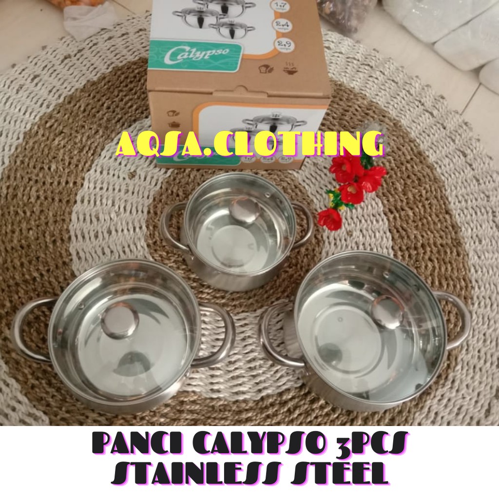 (TERMURAH) Panci Calypso Set Stainless Steel 3pcs dengan Tutup kaca/Panci Soup