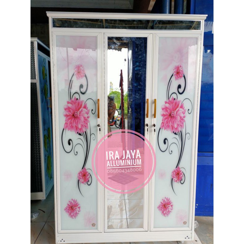 LEMARI BAJU FULL KACA PINTU 3 MOTIF PRINTING BUNGA PINK