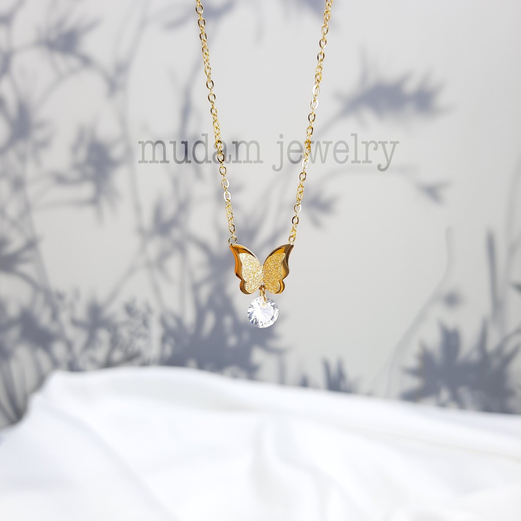 Kalung Titanium Kupu-Kupu Diamond Gantung Tersedia Warna Rosegold, Gold dan Silver