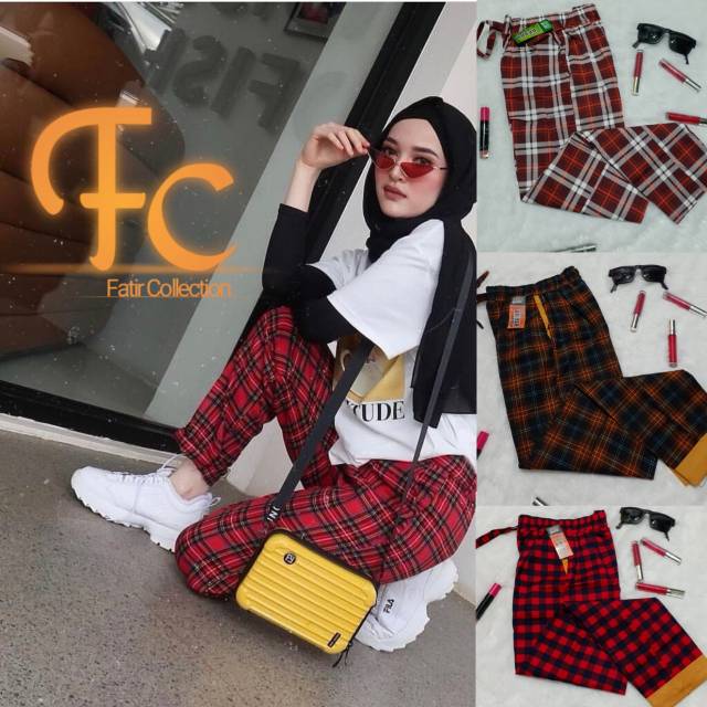 Fc_Celana Kotak Kotak Baggy Pants Stik Balik Cantik Murah