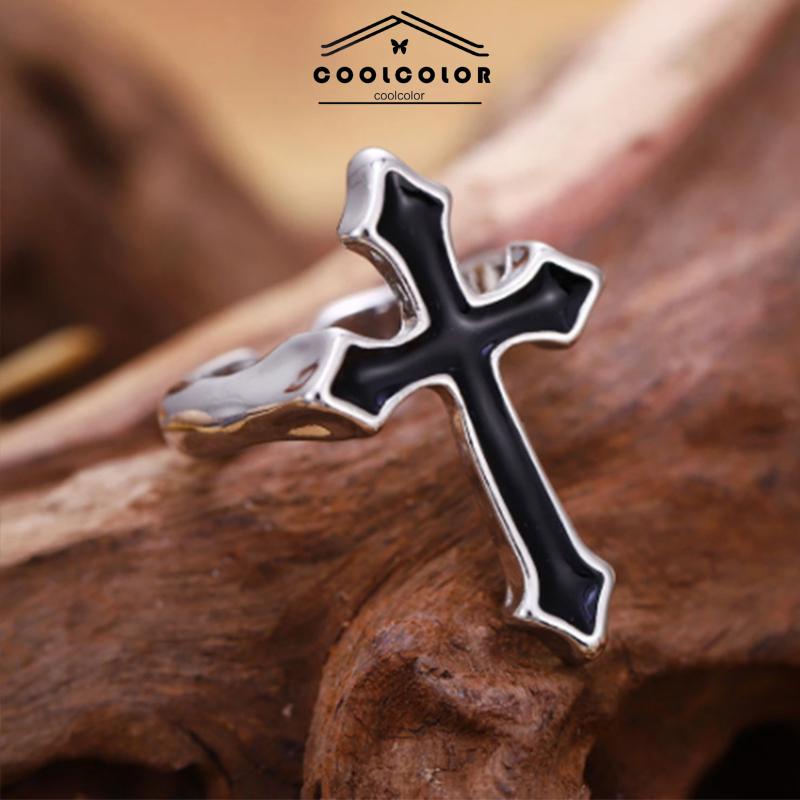 COD Cincin Hitam Cross Retro Fashion Cincin Pria Wanita Minyak Menetes Punk Jari Telunjuk Tren Cincin Hitam