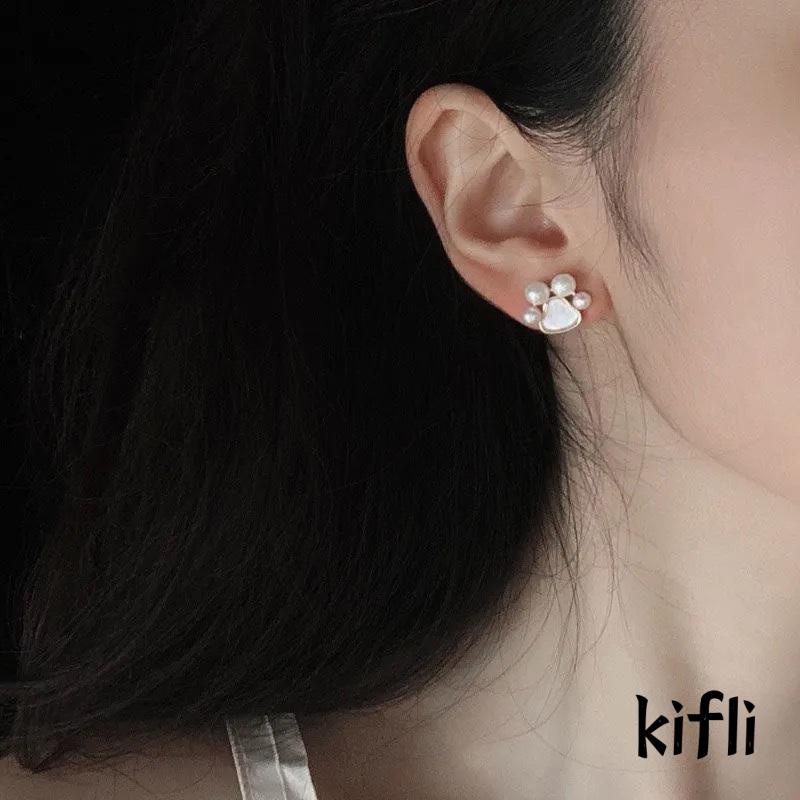 Anting Tusuk Silver 925 Desain Cakar Kucing Hias Mutiara Elegan Untuk Wanita (KD)