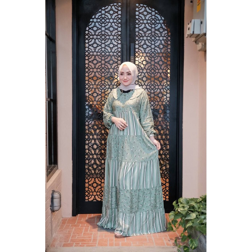 Gamis Terbaru Salur Flower Rayon Premium Dress Wanita Lengan Panjang Longdress Salur Bunga LD 110 cm