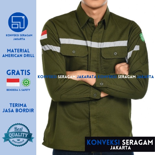 Baju Kemeja Safety K3 Lengan Panjang - Seragam Kerja Atasan Wearpack Werpack Werpak Proyek Tambang Warna Hijau Army  Pria Wanita - Konveksi Seragam Jakarta