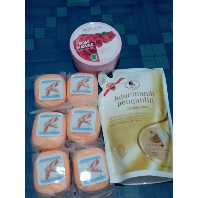 [ PAKET KUMPLIT ) SABUN ROSAN , BODYBUTTER , LULUR PURBASARI PENGANTIN 500 G