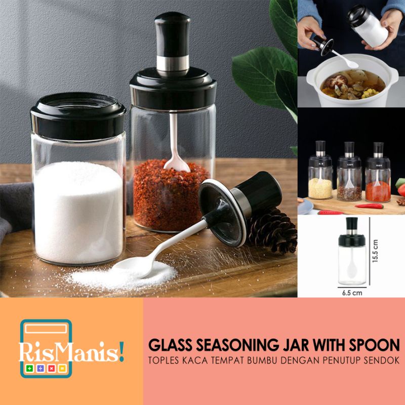 GLASS SEASONING JAR WITH SPOON - Toples Kaca Food Grade Botol Bumbu Dapur 250 ml Tutup Sendok Kedap