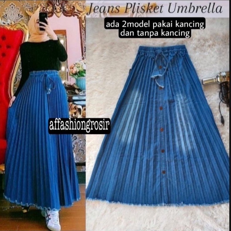 ROK JEANS PLISKET SUPER JUMBO KANCING WANITA/ROK WANITA PLISKET RAWIS DEWASA